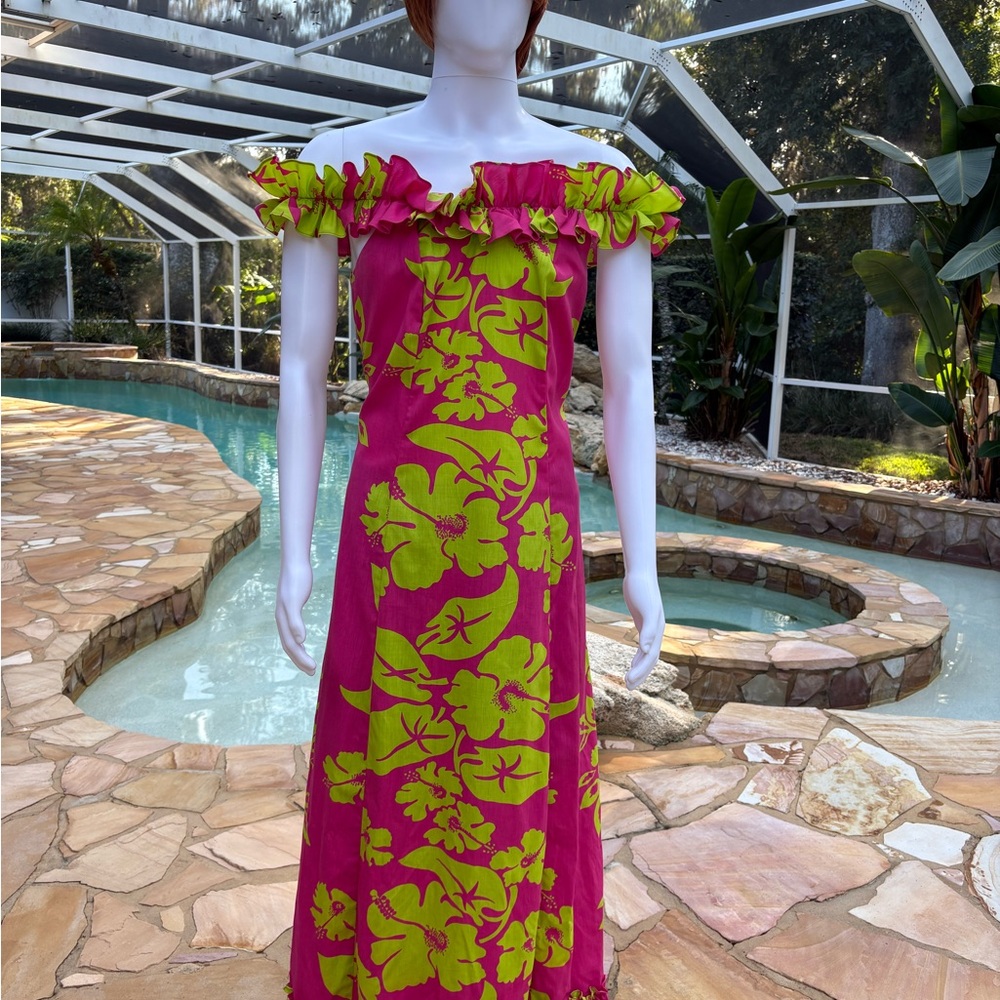 Pink and Green Floral Off-Shoulder Dress